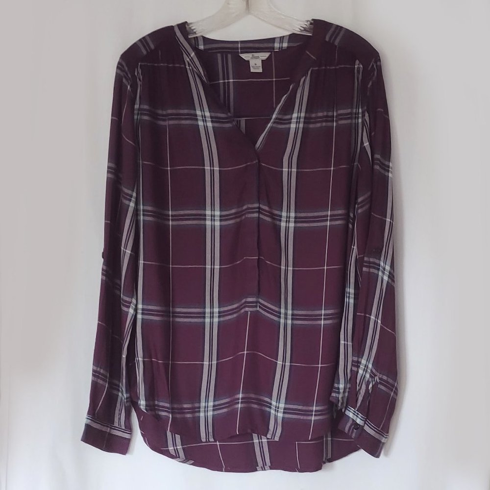 G.H. Bass & Co Plaid Tunic Top Size M Medium Tab Sleeves Plum Teal White Shirt